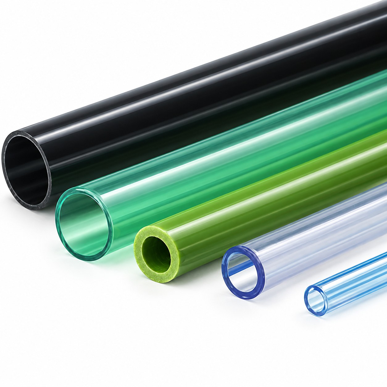 Caños plásticos especiales fabricados a medida por extrusión: PVC cristal, verde, negro y azul en distintos diámetros
