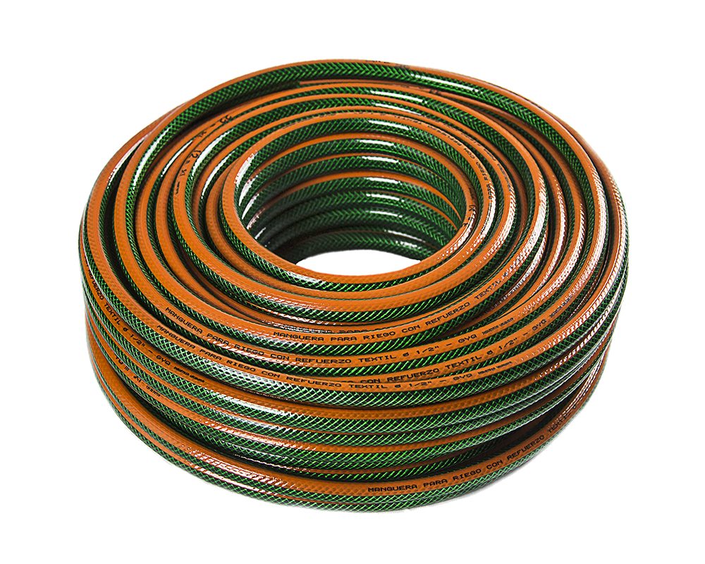 Manguera de riego con malla, verde trenzada con línea naranja, fabricada por G&Q