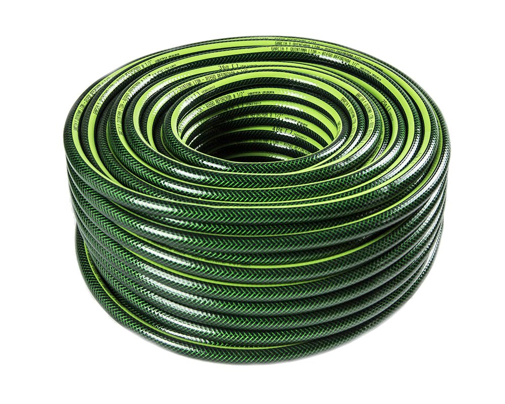 Manguera de riego con malla reforzada, verde trenzada con línea verde lima, fabricada por G&Q